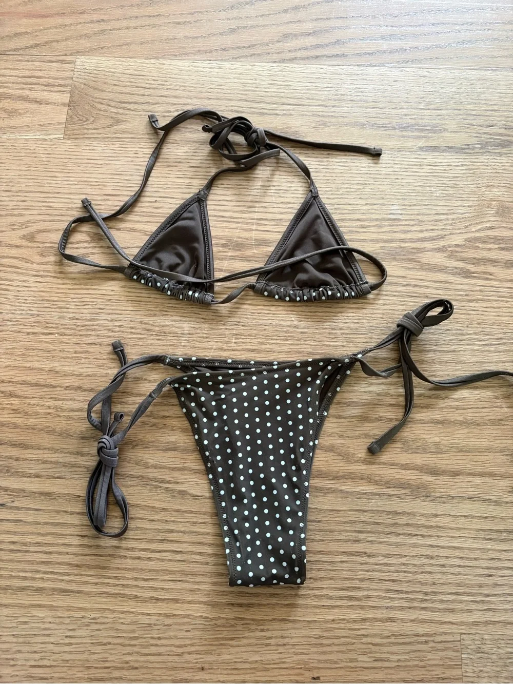 Frankie’s Bikinis Brown Swim Top with White Polka Dots
